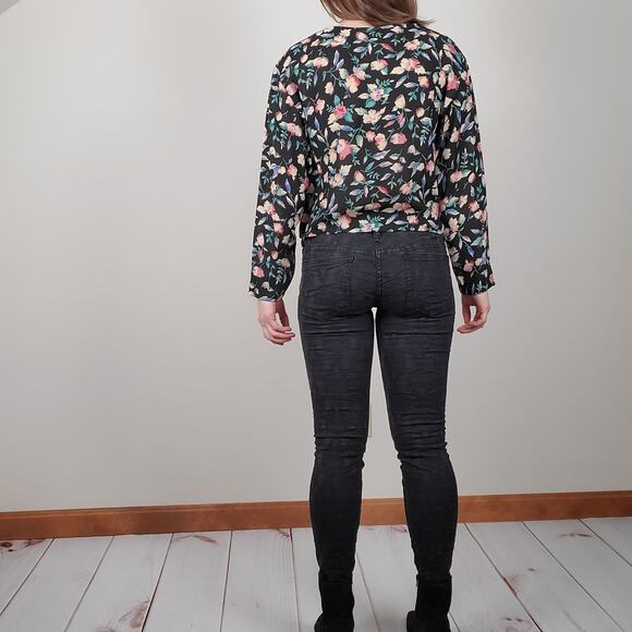 Vintage 80s 90s Floral Blouse Black Large - Picture 3 of 11